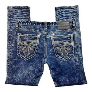 Affliction Gage Mens Blue Acid Wash Thick Stitch Embroidered Denim Jeans Size 32
